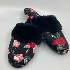 Victoria’s Secret black and floral slippers with fur trim. Size Large.